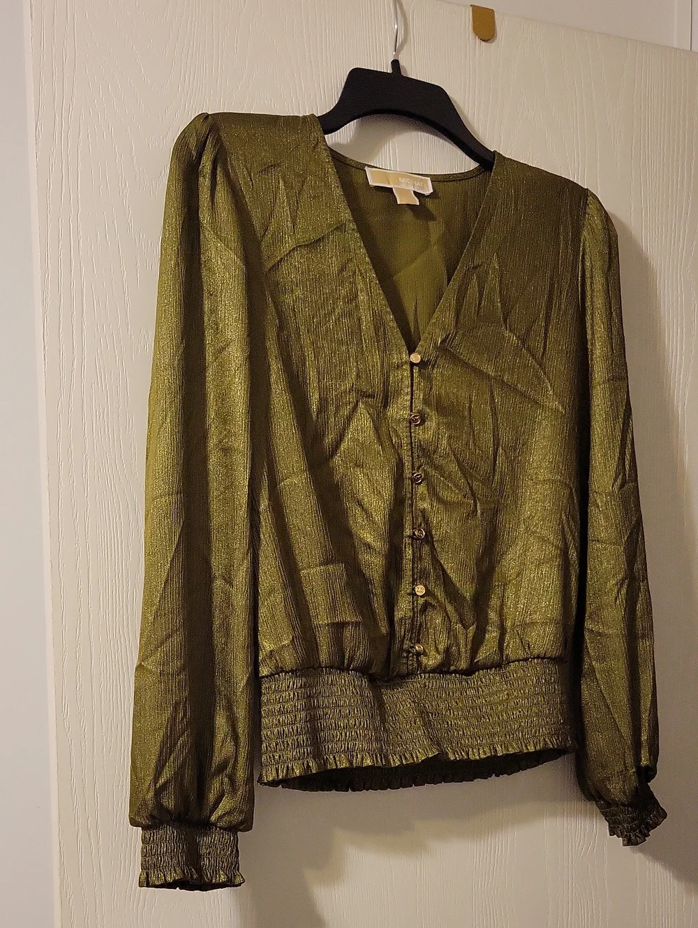 Michael Kors Olive Green Gold Shimmer Button-Front Blouse